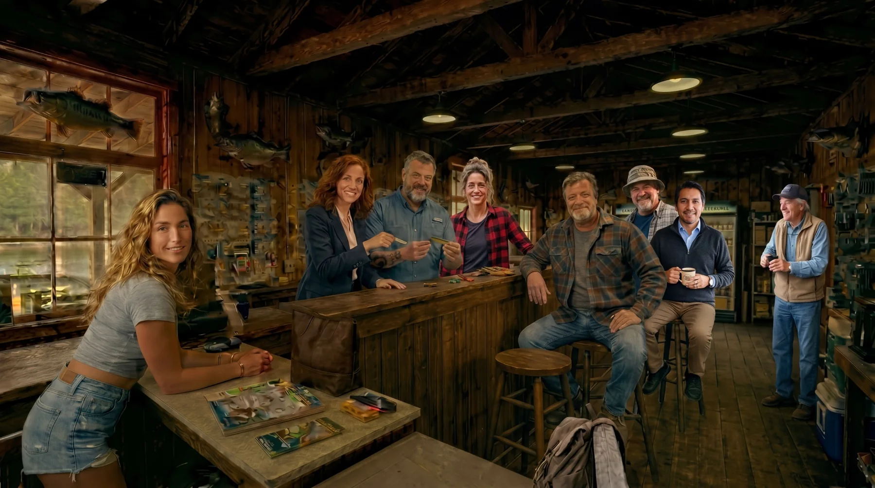 The characters of Given Chances gathered inside Big Dick’s Outdoors bait shop