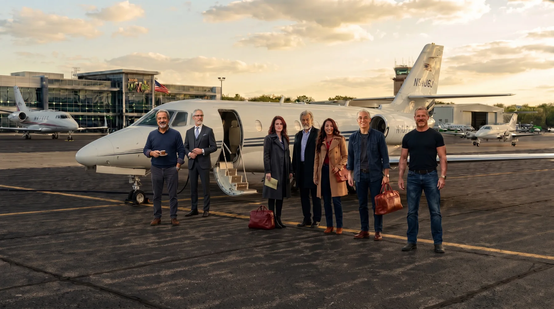 Some of the characters from Misread gathered beside a private jet